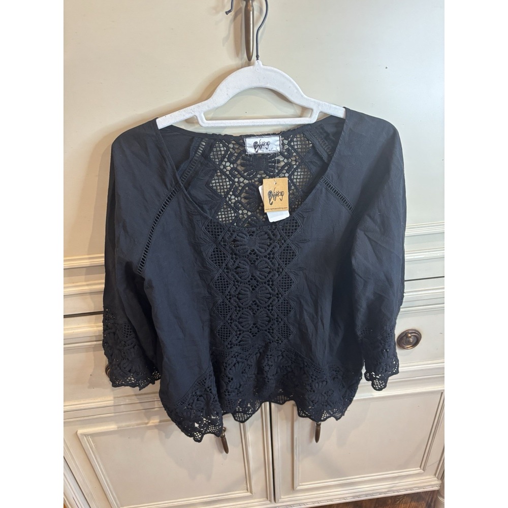 Nightcap NWT Black Cotton Lace Tunic‎ Top NWT 3/4 Sleeve Made In USA Small/1